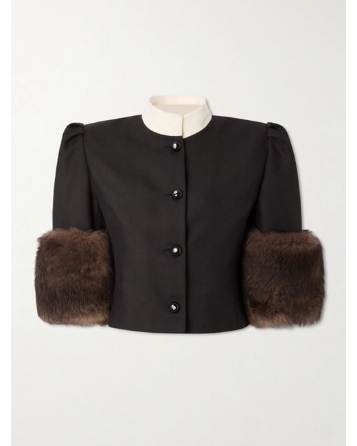 Valentino Garavani Black Cropped Shearling-Trimmed Embellished Silk Jacket