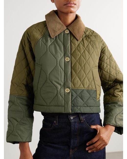 Barbour Green Lilian Hooded Convertible Corduroy-Trimmed Quilted Recycled-Shell Coat