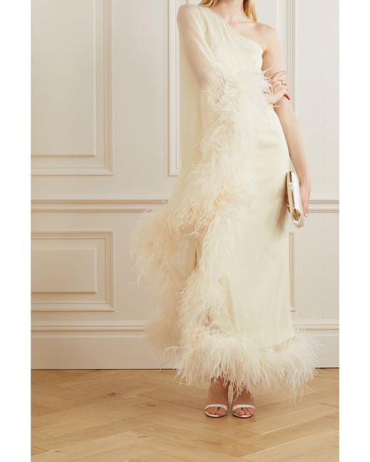 Taller Marmo White Net Sustain Ubud One-Shoulder Feather-Trimmed Silk-Crepe Gown