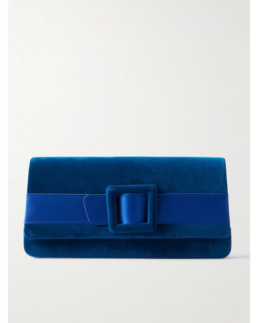 Manolo Blahnik Blue Maygot Buckle-Embellished Satin-Trimmed Velvet Clutch