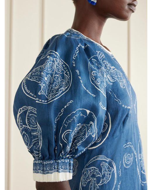 ALÉMAIS Blue Lucky Printed Linen Midi Dress