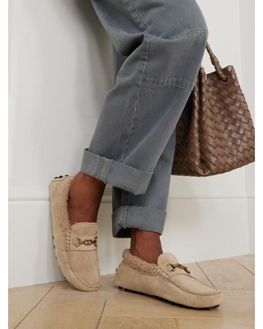 Tod's Natural Gommino Macro Loafers Aus Veloursleder Mit Shearling-Besatz Und Verzierung