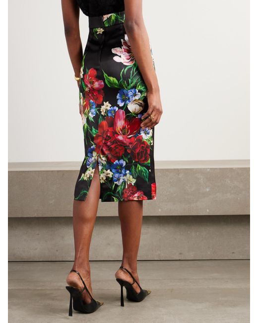 Dolce & Gabbana Black Floral-Print Satin Midi Skirt