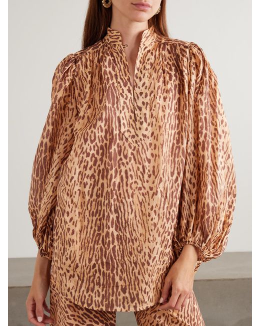 Zimmermann Natural Cascadian Tunika Aus Baumwoll-Voile Mit Leopardenprint Und Bindegürtel