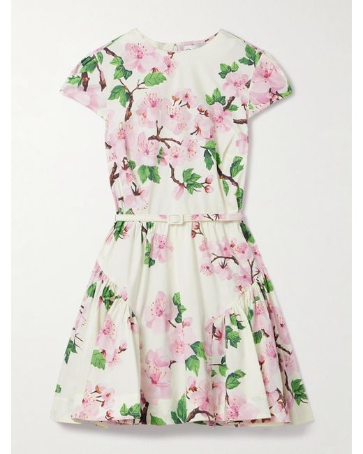 Oscar de la Renta Natural Belted Tiered Floral-Print Cotton-Blend Poplin Mini Dress