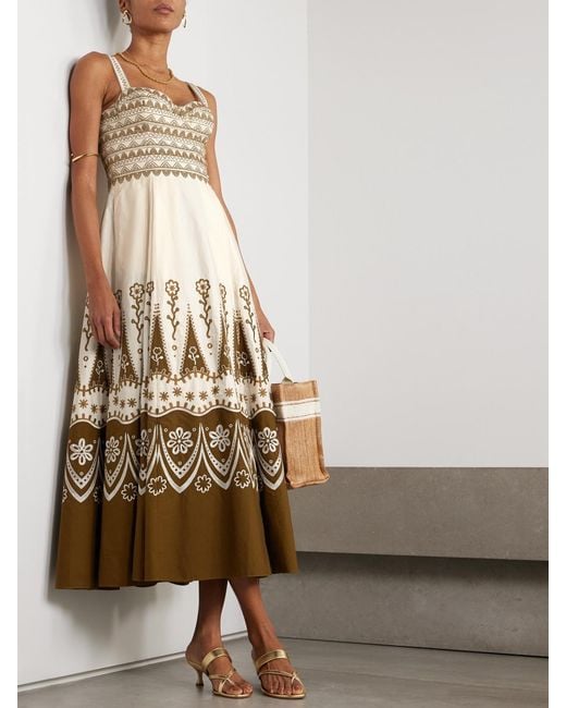 Emporio Sirenuse Natural Elida Embroidered Cotton Midi Dress