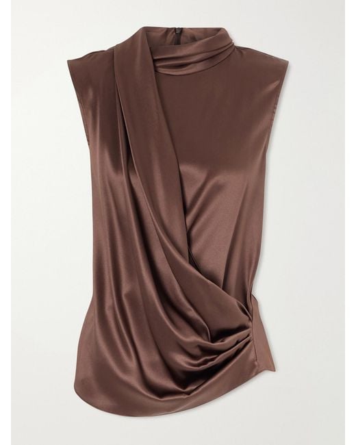 Brunello Cucinelli Brown Wrap-Effect Sleeveless Draped Silk-Blend Satin Blouse