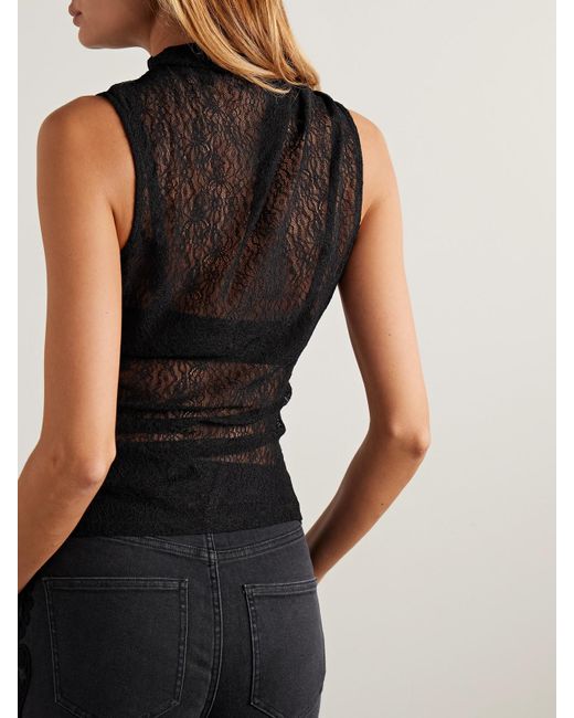 Veronica Beard Black Mylie Ruched Stretch-Lace Turtleneck Top