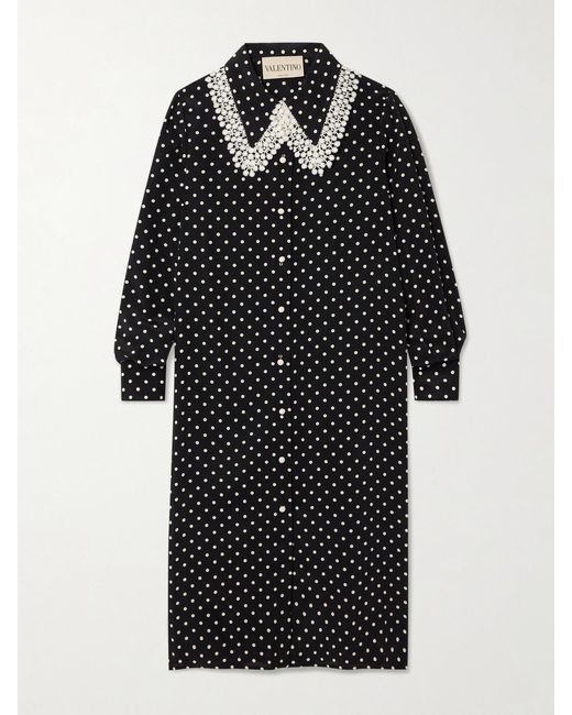 Valentino Garavani Black Lace-Trimmed Polka-Dot Silk Crepe De Chine Midi Dress
