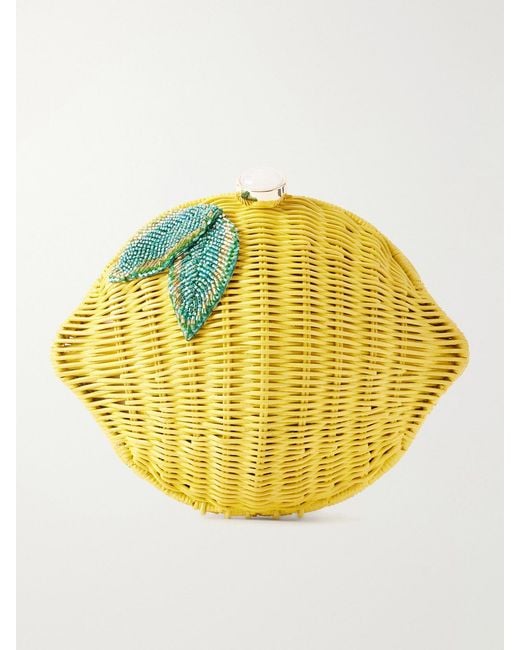 Judith Leiber Yellow Lemon Bead-Embellished Raffia Clutch