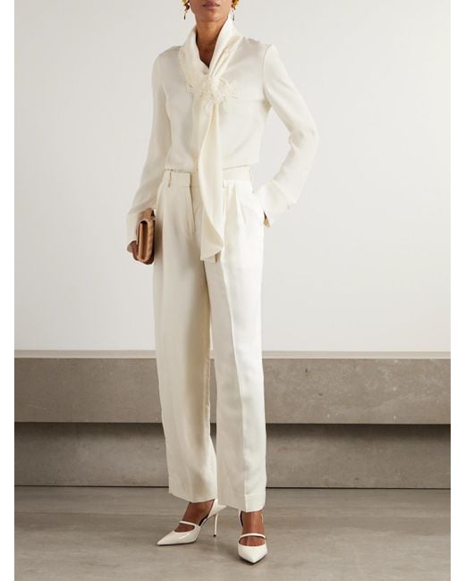 Oscar de la Renta Natural Tie-Detailed Lace-Trimmed Silk-Blend Georgette Blouse