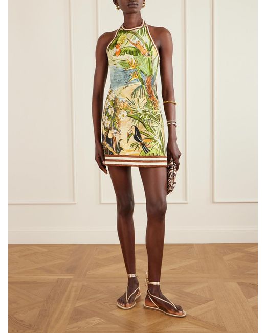 ALÉMAIS Green Toucan Tango Halterneck Printed Organic Cotton Mini Dress