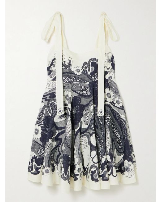 ALÉMAIS Blue Mickey Tie-Detailed Shirred Floral-Print Linen-Gauze Mini Dress