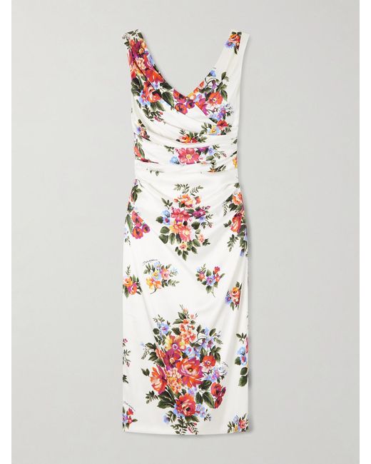 Dolce & Gabbana White Off-The-Shoulder Floral-Print Satin Midi Dress