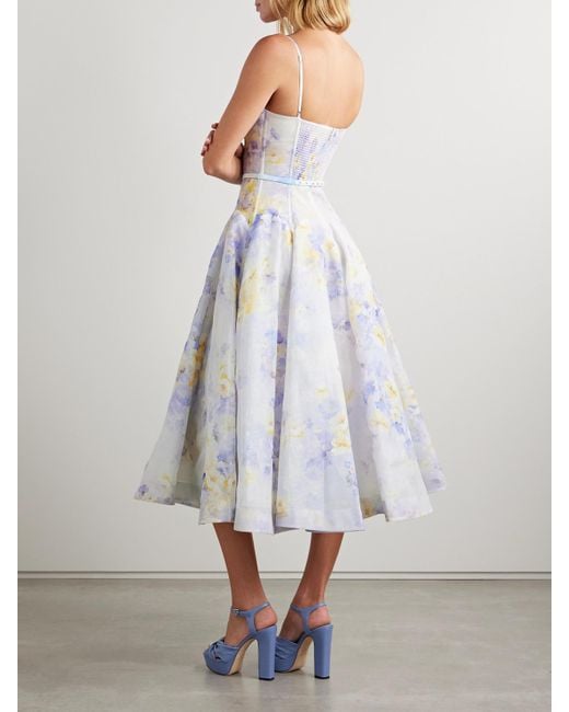 Zimmermann White Crush Belted Twist-Front Embellished Floral-Print Linen And Silk-Blend Organza Midi Dress