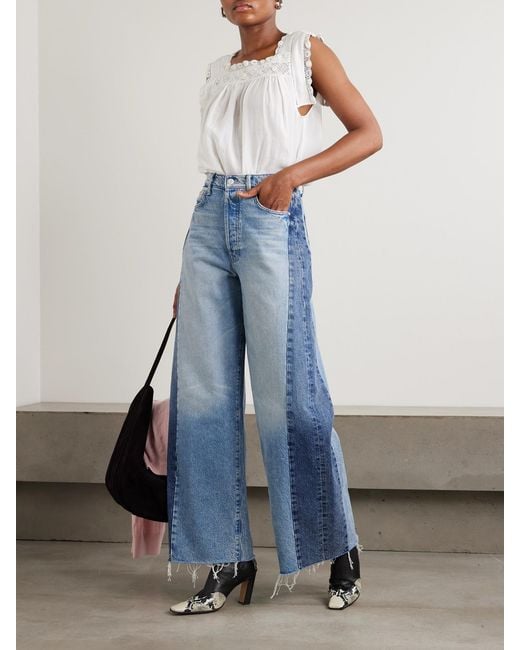 Mother Blue The Pipe Dream Button Sneak Fray Distressed High-Rise Wide-Leg Jeans
