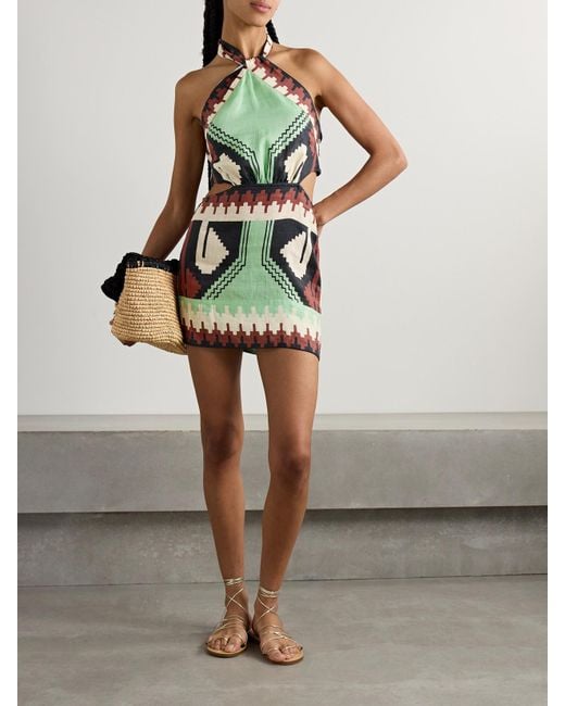 Johanna Ortiz Green Tide Strength Open-Back Printed Linen Halterneck Mini Dress