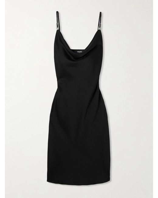 Versace Black Embellished Draped Satin Midi Dress