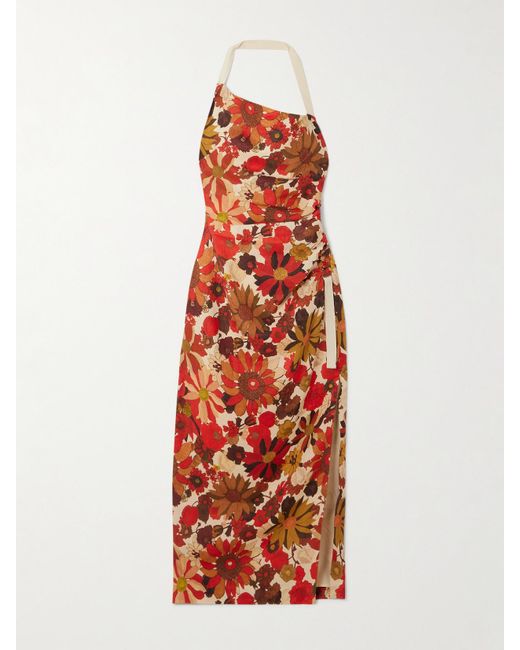 Sir Castella Tie-Detailed Gathered Floral-Print Linen Halterneck Midi Dress