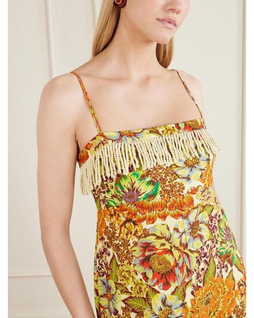 ALÉMAIS Metallic Lana Fringed Floral-Print Linen Midi Dress