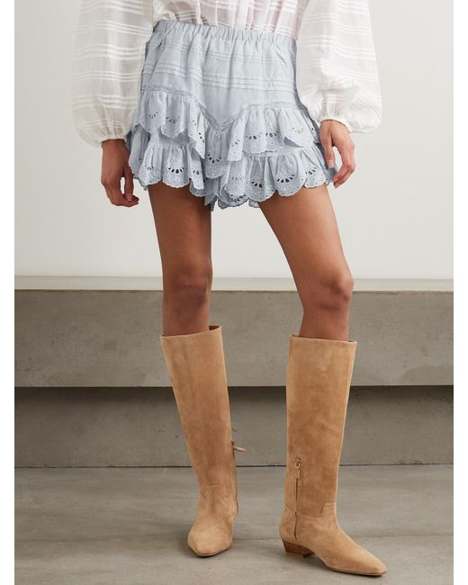 Isabel Marant Blue Jocadia Shorts Aus Biobaumwoll-Voile Mit Lochstickerei Und Spitzeneinsatz