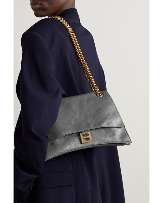 Balenciaga Gray Hourglass Crinkled-Leather Shoulder Bag