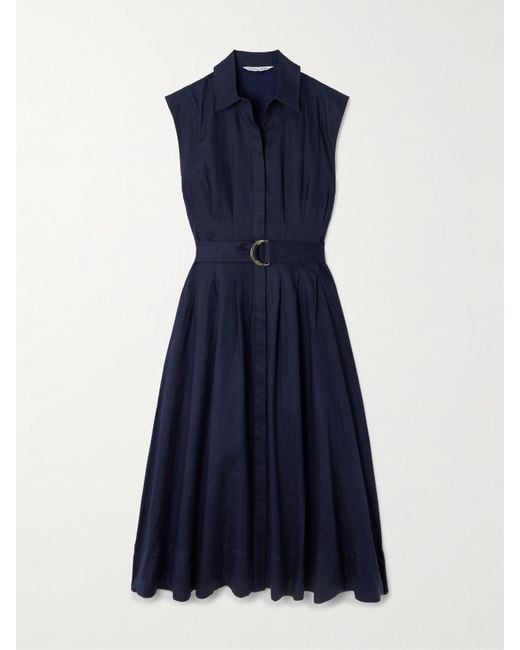 Veronica Beard Loreta Belted Pleated Linen Midi Shirt Dress in Blue | Lyst
