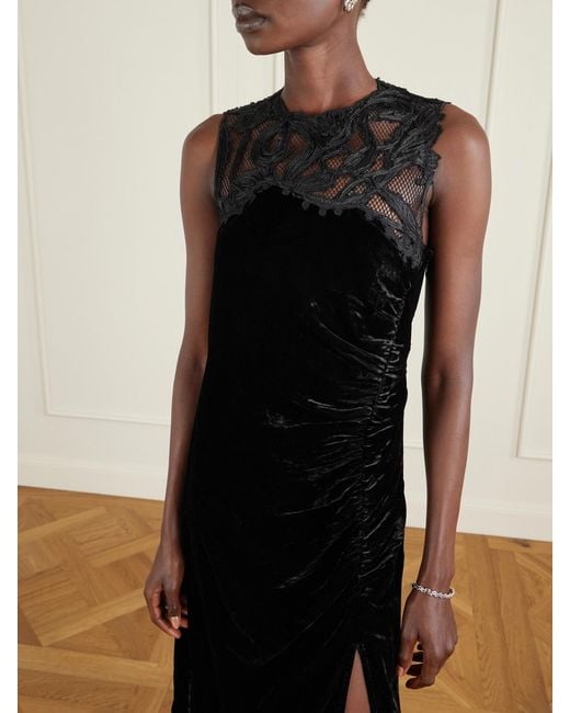 Ulla Johnson Black Rosaria Ruched Corded Lace-Trimmed Velvet Maxi Dress