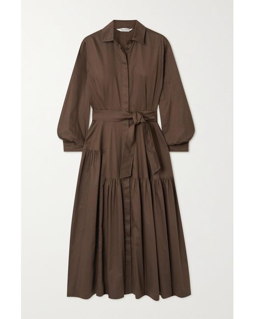 Max Mara Olimpia Tiered Cotton-poplin Midi Shirt Dress in Brown | Lyst