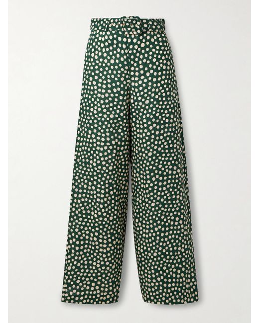 Cara Cara Green Mayflower Belted Polka-Dot Linen Wide-Leg Pants