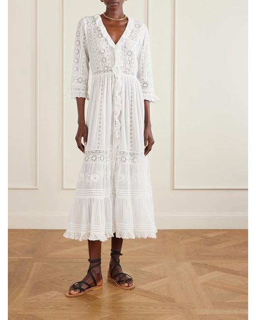 Doen White Clemencia Ruffled Lace-Trimmed Organic Cotton-Voile Midi Dress