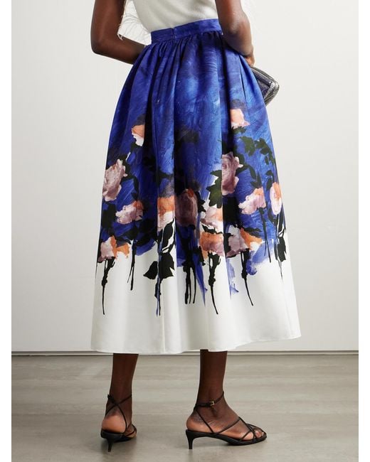 Erdem Blue Gathered Floral-Print Cotton-Blend Twill Midi Skirt