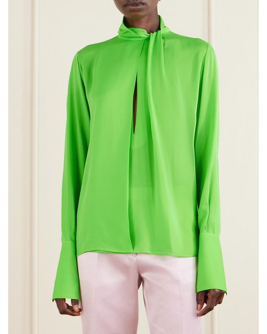 Tom Ford Green Cutout Draped Pleated Silk-Georgette Blouse