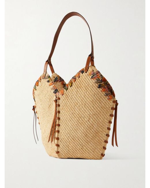 Isabel Marant Natural Tampa Whipstitched Leather And Printed Silk-Trimmed Raffia Shoulder Bag