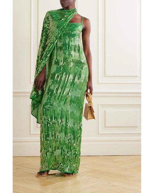 Johanna Ortiz Green Net Sustain Poder Tejido Convertible Embellished Silk Crepe De Chine Maxi Dress