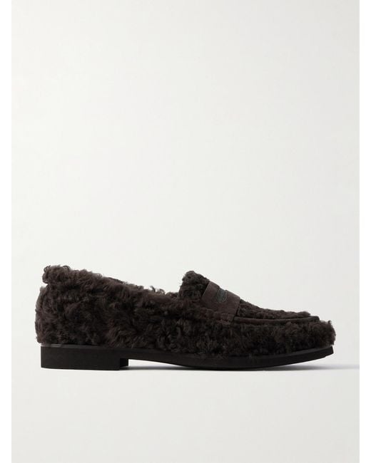 Brunello Cucinelli Black Bead-Embellished Suede-Trimmed Shearling Loafers