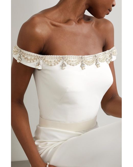 Jenny Packham White Off-the-shoulder Satin-trimmed Embellished Crepe Gown