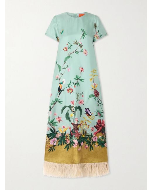 LaDoubleJ Blue Swing Feather-Trimmed Printed Silk-Twill Maxi Dress