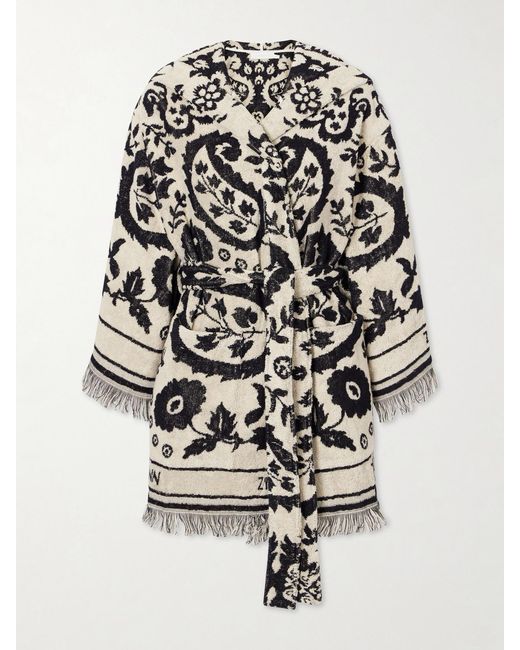 Zimmermann Black Wanderlust Hooded Fringed Cotton-Terry Jacquard Robe