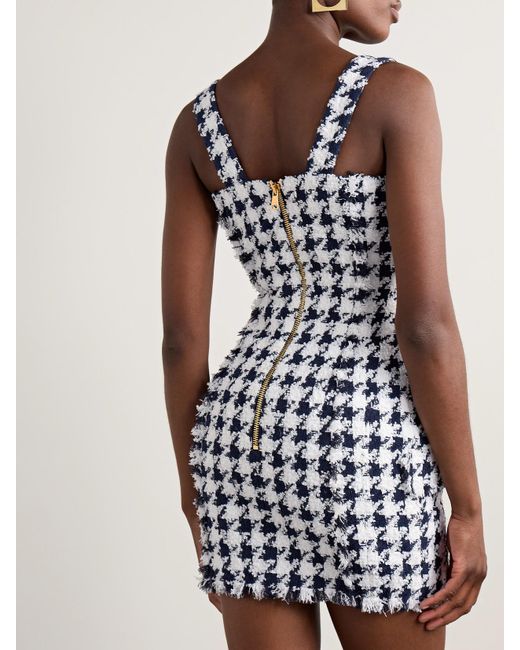 Balmain Blue Button-Embellished Frayed Tweed Mini Dress