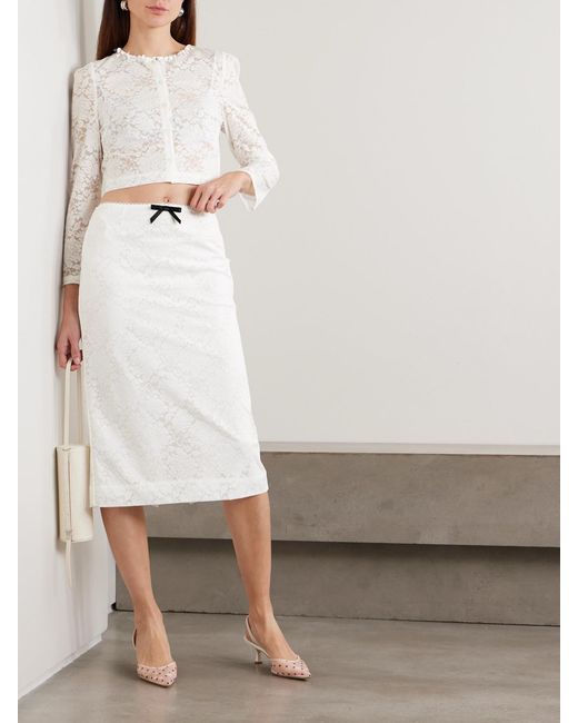 ShuShu/Tong White Bow-Embellished Satin-Trimmed Lace Midi Skirt
