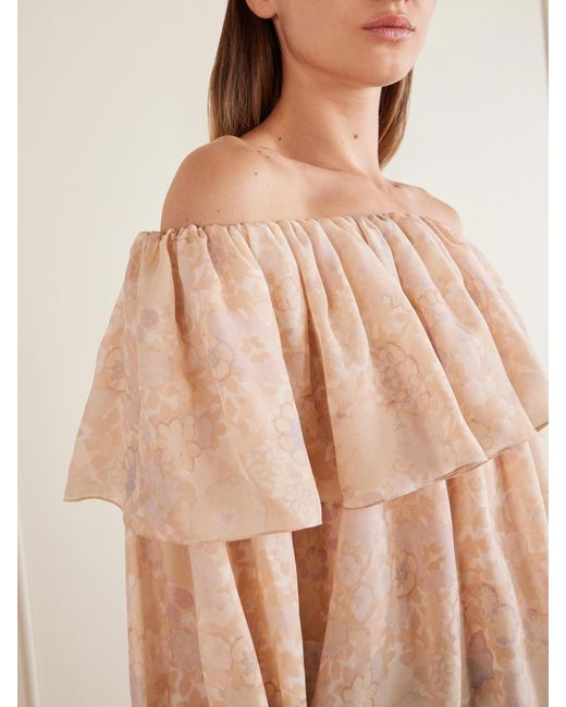 Chloé Natural Off-The-Shoulder Ruffled Floral-Print Silk-Charmeuse Blouse