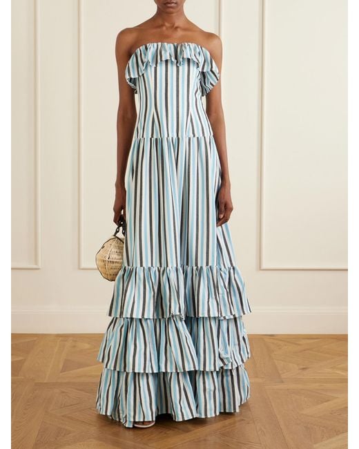 Marrakshi Life Blue Ruffled Striped Cotton Maxi Dress