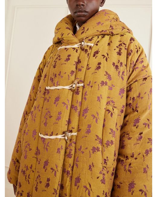 Dries Van Noten Yellow Hooded Padded Floral-Jacquard Long Jacket