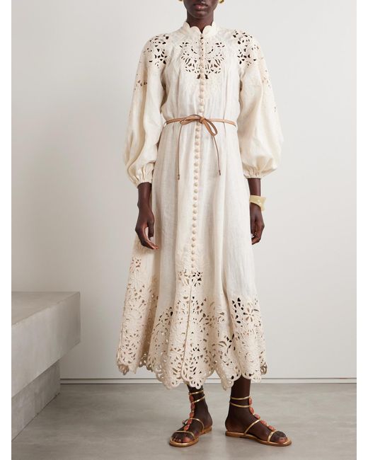 Zimmermann Natural Wylie Belted Broderie Anglaise Linen Midi Dress