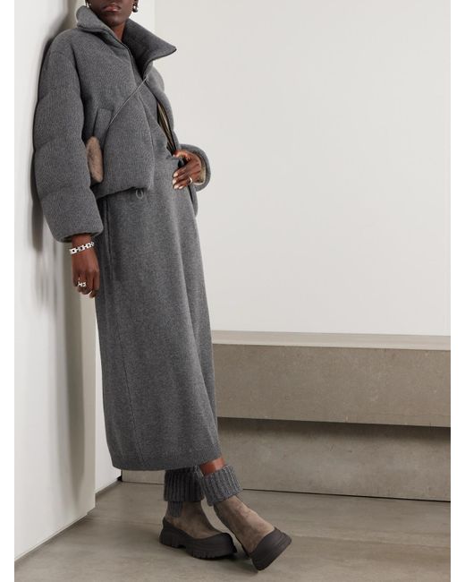 Brunello Cucinelli Gray Wattierte Jacke Aus Geripptem Kaschmir