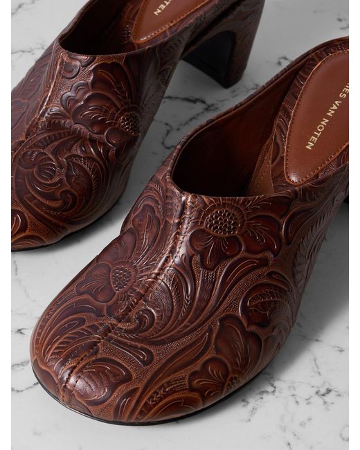 Dries Van Noten Brown Embossed Leather Mules
