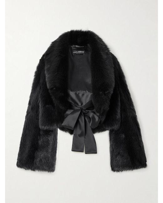 Dolce & Gabbana Black Cropped Satin-Trimmed Shearling Jacket