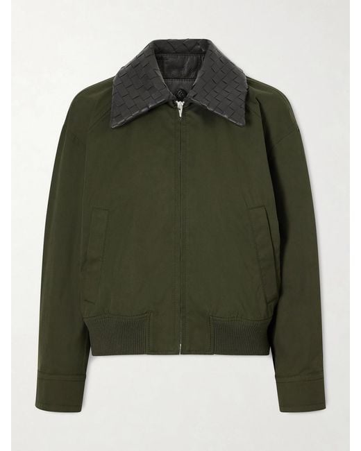 Bottega Veneta Green Intrecciato Leather-Trimmed Cotton-Twill Jacket
