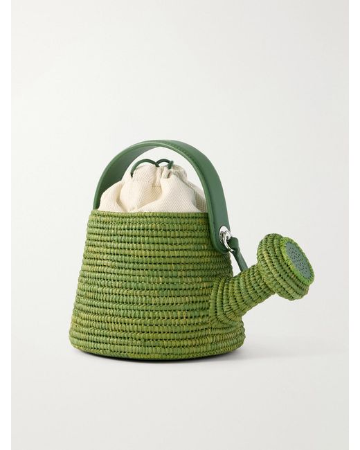 Loewe Green Paula's Ibiza Watering Can Leather-Trimmed Raffia Shoulder Bag